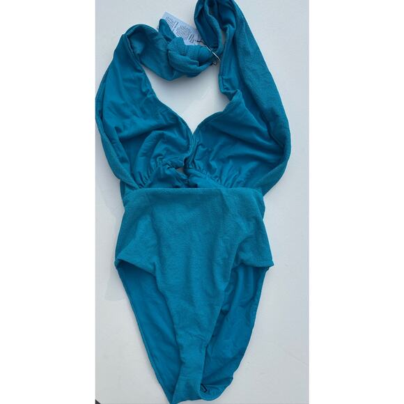 JMP The Label Santorini Recycled Nylon Halter One-Piece Swimsuit, Teal – Large - Picture 6 of 7